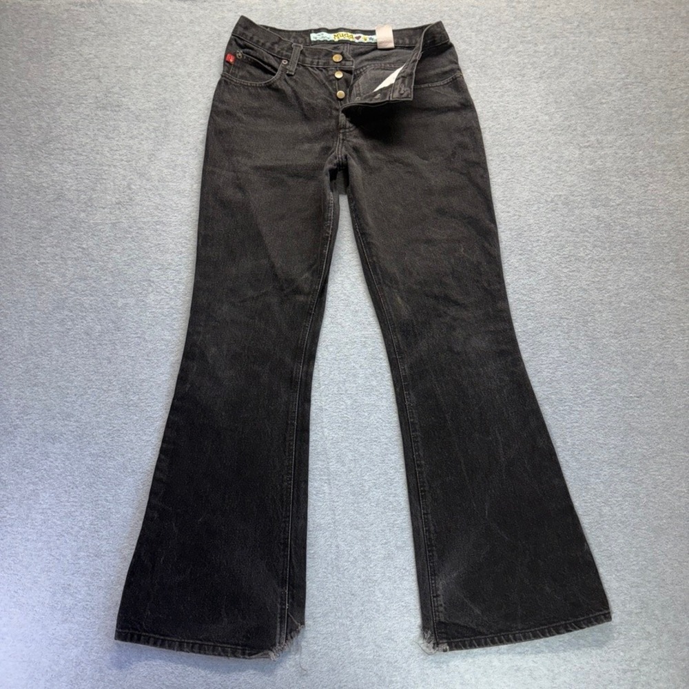 Vintage Mudd Flare Jeans Womens 11 Black Button Fly Y2K Grunge Distressed Denim